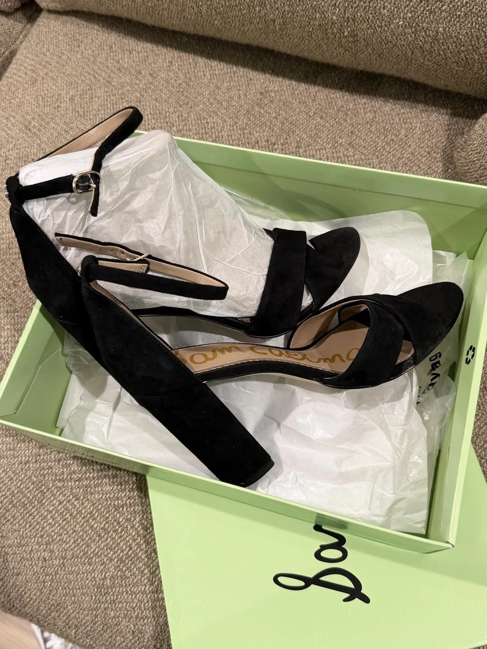 Sam Edelman Black Suede Block Heel Sandals with Ankle Strap